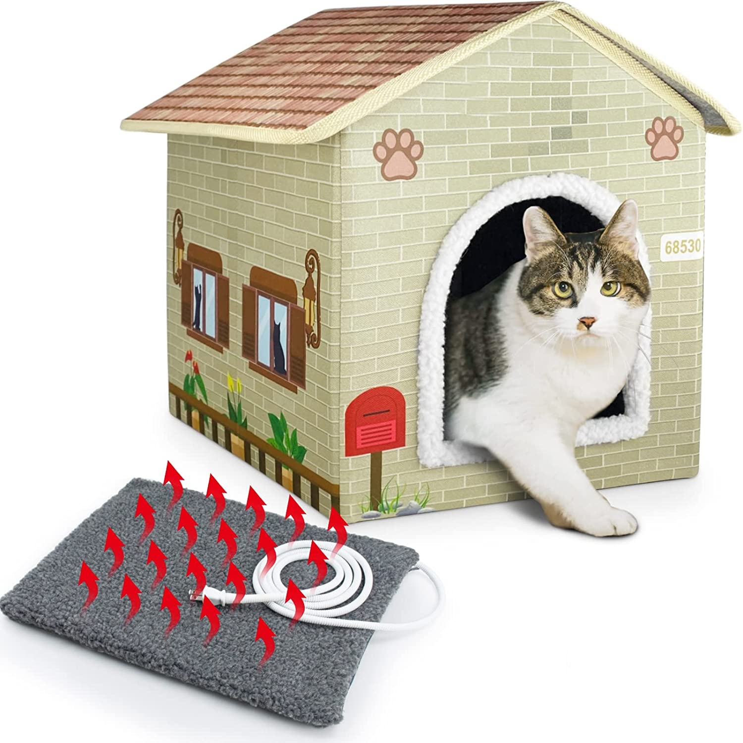 Large Heated Cat House for Outdoor Cats in Winter，Weatherproof Heated Cat Houses with Pet Heating Pad, Providing Warm and Cozy Homefor Your Pet,Easy to Assemble